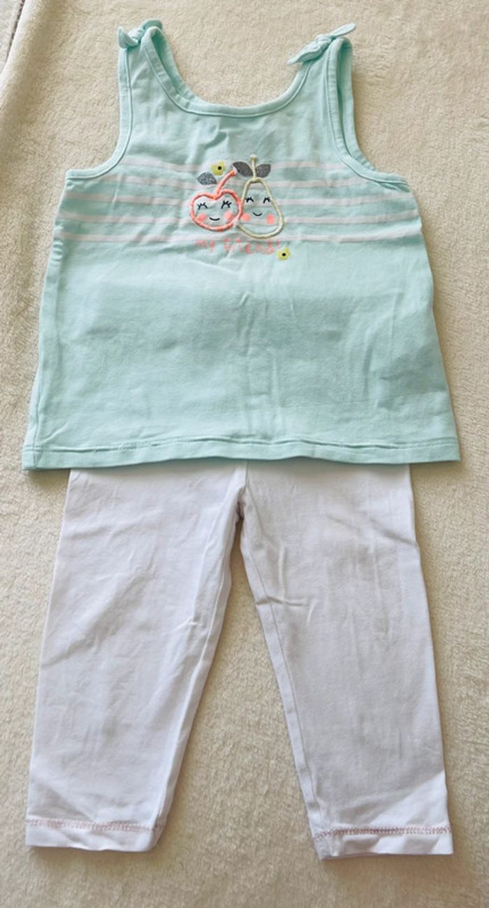 Ensemble débardeur bleu ciel et leggins blanc Orchestra 12 mois 74cm - photo numéro 2