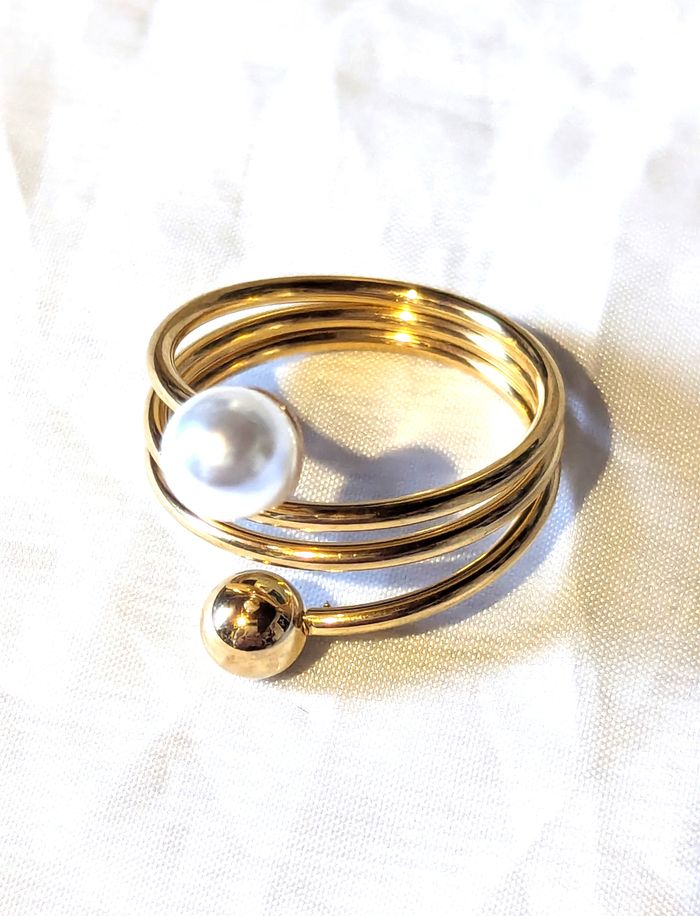 Bague Double Petites Sphères Dorée Perle Géométrique Fil Multicouche Bijou Doré Fantaisie Femmes