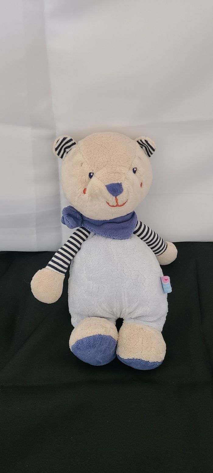 Doudou Ours bleu beige et rayé blanc SUCRE D’ORGE - photo numéro 4