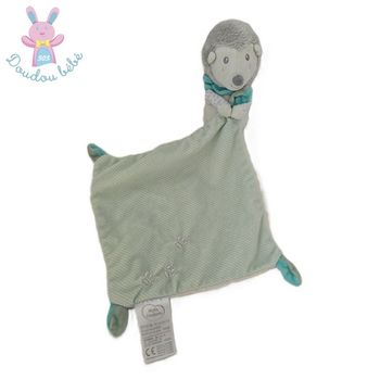 Doudou Hérisson gris blanc mouchoir rayé vert MOTS D'ENFANTS