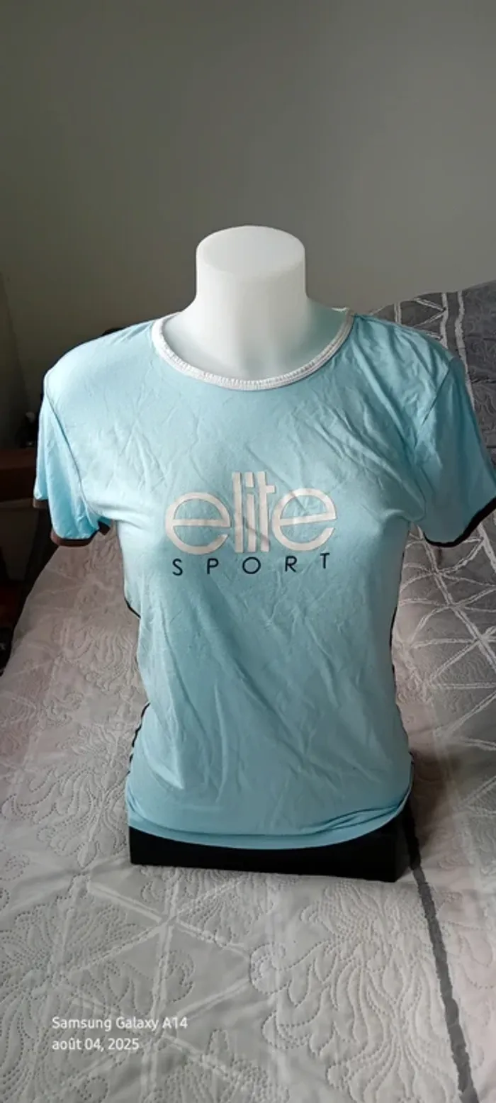 Tee-shirt de sport élite manches courtes bleu et blanc col rond en viscose femme 40/42 élite sport - photo numéro 2