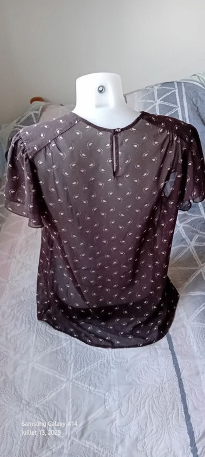 Blouse en voile manches volantées col cravate motif plumes marron femme L - photo numéro 5