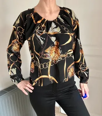 Blouse noire manches longues motif jaune moutarde T36 (S)