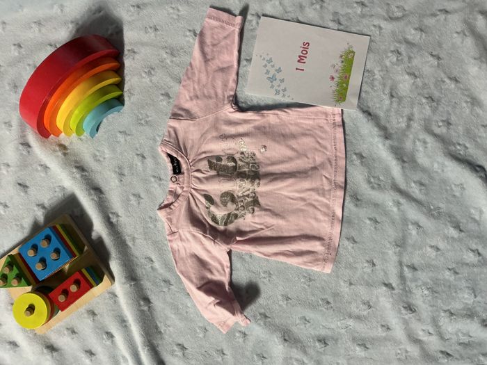 teeshirt manches longues rose inscription argent ouverture totale au dos 1 mois les p'tits babies - photo numéro 2