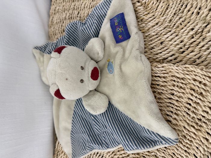 Doudou plat ours écru bleu rayé rouge poisson DE BON MATIN - photo numéro 3