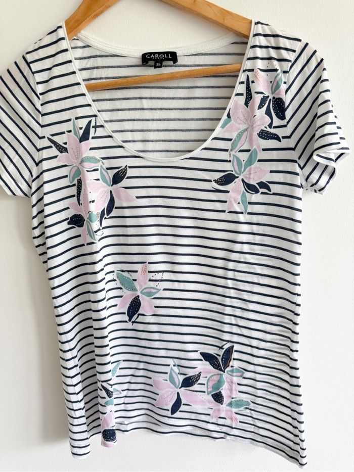 T-shirt manches courtes blanc bleu marine avec imprimé Caroll taille 36 S - photo numéro 4
