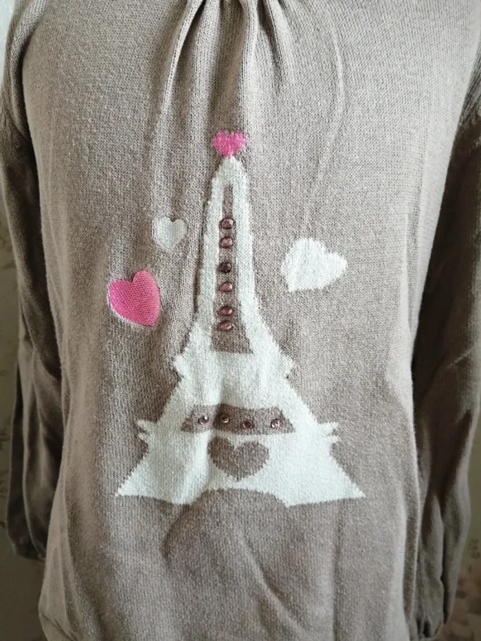 Pull fon marron clair imprimé tour eiffel avec manches bouffantes / nky / (8ans) - photo numéro 4