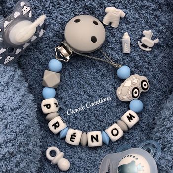 Attache tétine personnalisée en silicone voiture grise 