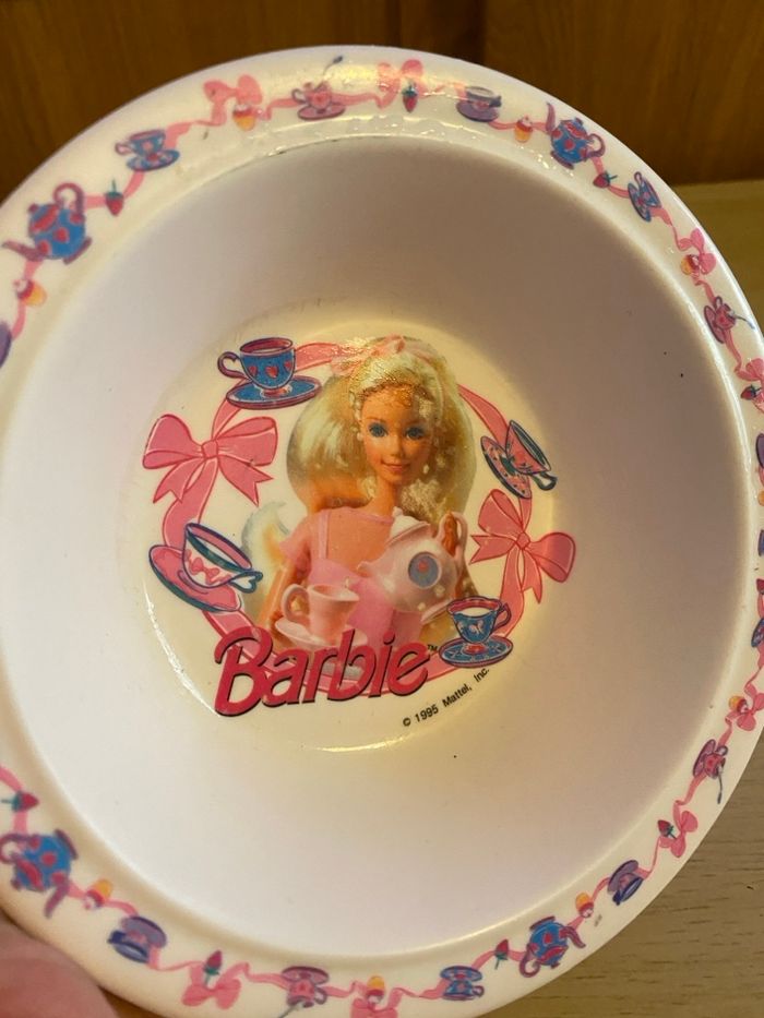 Lot vaisselle Barbie assiette bol verre gobelet plastique Mattel 1995 service thé théière - photo numéro 6