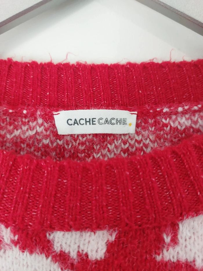 Pull rouge mailles motifs fleurs blanches Cache Cache taille M coupe loose cosy - photo numéro 2