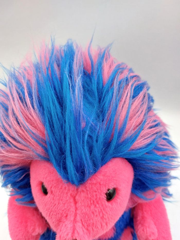 Peluche Vintage ancien doudou hérisson AJENA longs poils bleu rose pois 33 cm - photo numéro 7