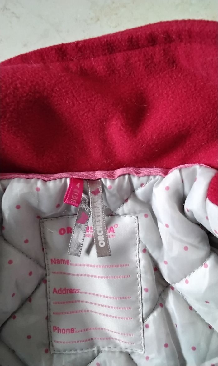 Manteau  ,rouge  ,fermeture  et  scratch  ,poches  ,Orchestra  ,4 ans  104  cm - photo numéro 3