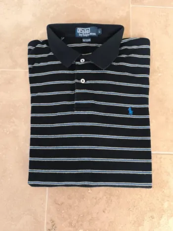 Polo Ralph Lauren homme L noir rayures jaunes et bleues logo bleu Pima coton excellent état