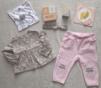 Ensemble chemisier et bandeau imprimé multicouleur & pantalon rose  - 18M - Sergent Major (neuf)