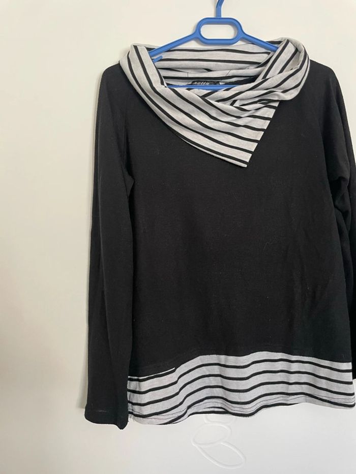 Pull à manches longues noir col croisé gris à rayures noir Zhelin taille M - photo numéro 2