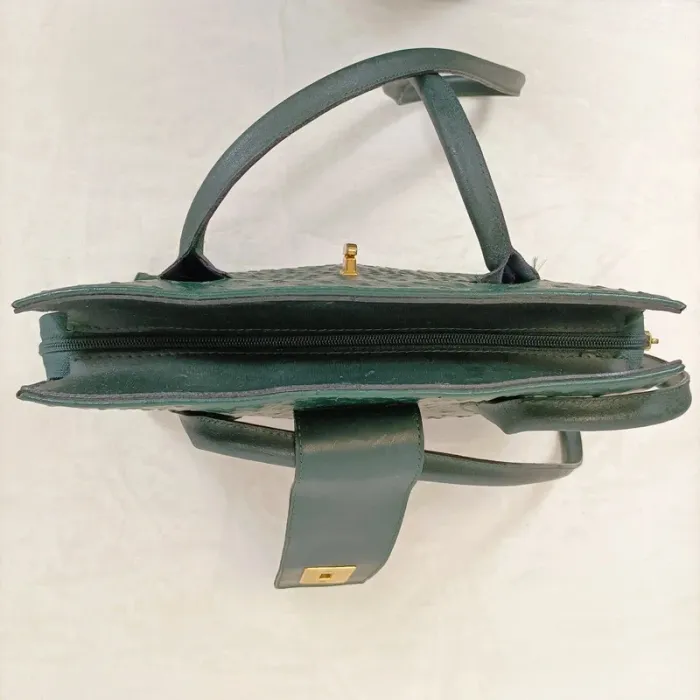 Sac effet cuir autruche vert foncé - fermeture dorée - Anses - style chic rétro S010 - photo numéro 4