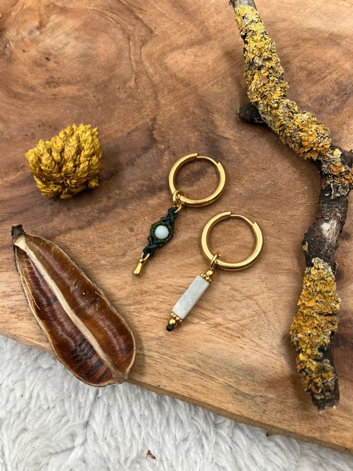 Boucles d’oreilles petites créoles acier inoxydable et macramé pierre Amazonite