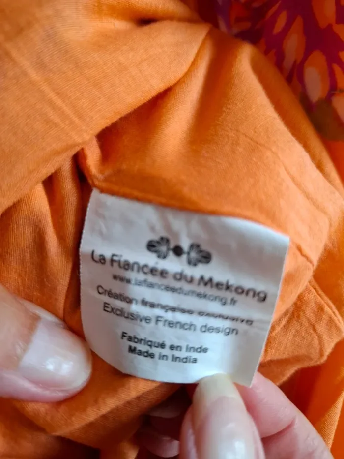Robe La Fiancée du Mékong Orange & Fleurs Mauves - Taille 34 - Viscose Coton Doublée ! 🥭 - photo numéro 5