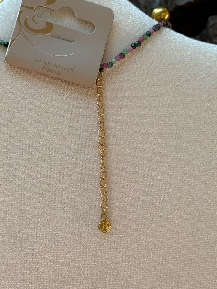 Collier réglable perles naturelles jade vert rose améthyste chaînes acier inoxydable or habaha Paris - photo numéro 2