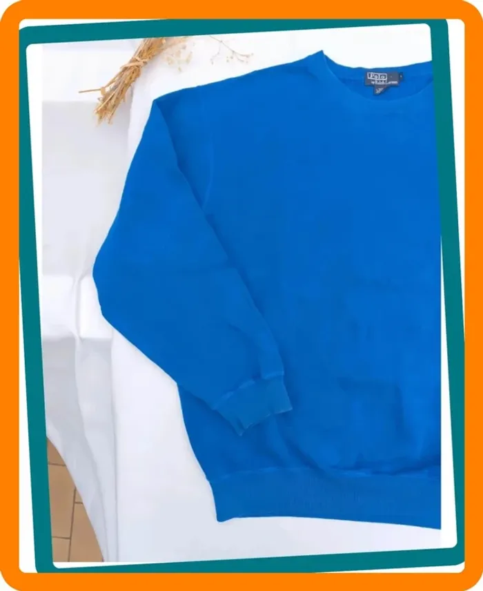 Sweat bleu homme taille L Ralph Lauren logo noir bon état tâche dans le dos - photo numéro 3