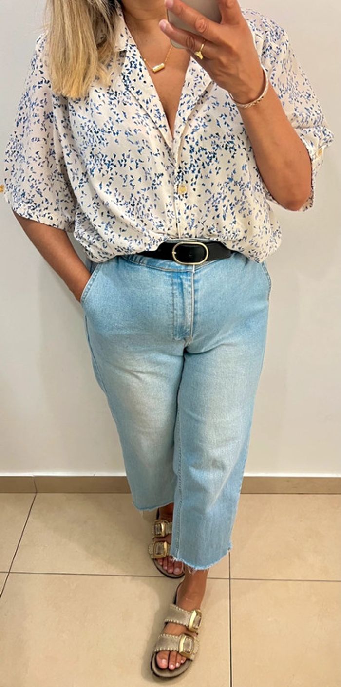 🌿 Chemise imprimé bleu sur fond écru Taille - photo numéro 2