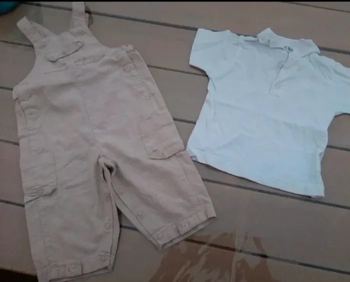 Salopette legere beige + tee shirt canari baby