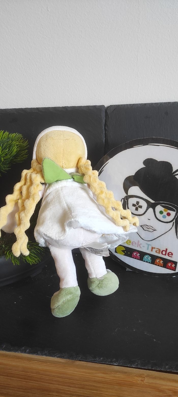 Doudou poupée fille blonde blanc vert baby nat jaune robe ancien peluche Bandana - photo numéro 2