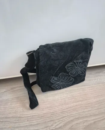 Sac tissu noir Fleurs bandoulière