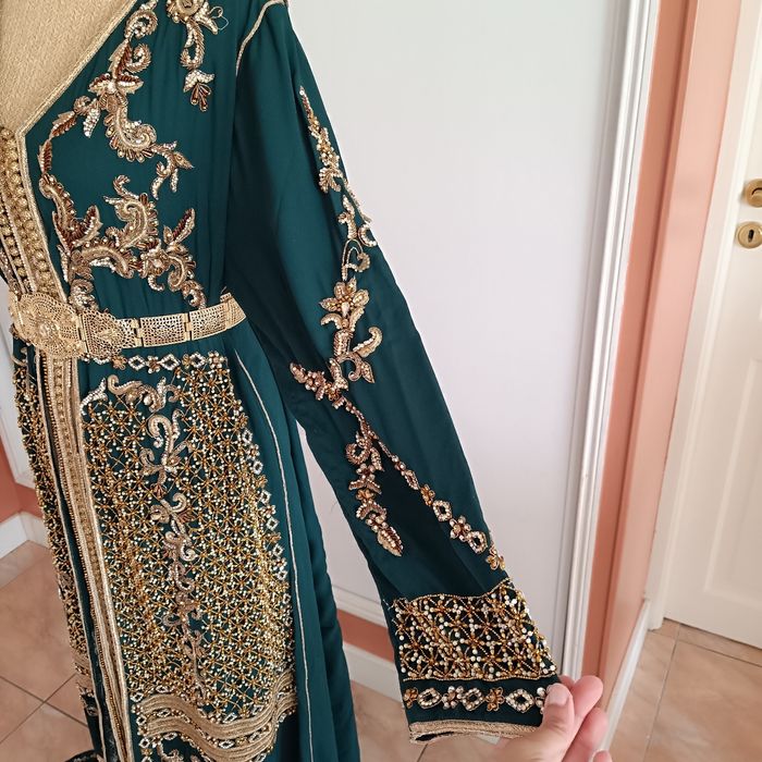 Caftan takchita robe de soirée vert bouteille et doré - photo numéro 4