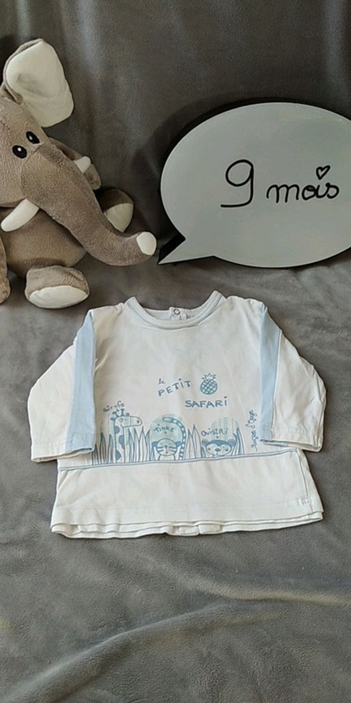 Tee shirt manches longues doublé Garçon 9 mois Sucre d'orge "Le petit safari" 100% coton