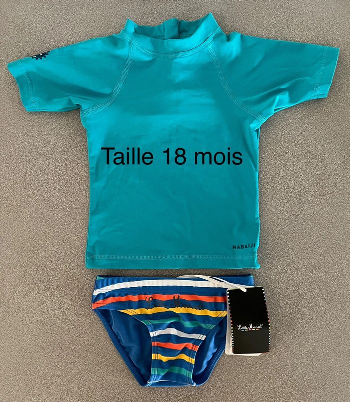 Ensemble tee-shirt protection UV + maillot de bain taille 18 mois Little Marcel Nabaiji