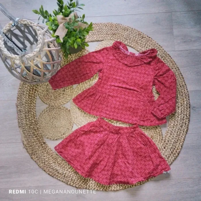 🌺👗 Ensemble Okaïdi 3 ans – Élégance vintage en rouge/bordeaux floral