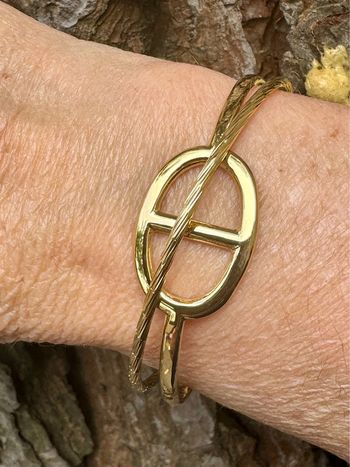 Jonc double ouvert gros maillon farandole acier inoxydable or