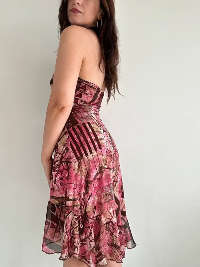 Robe dos nu y2k rose à motifs et volants taille M - photo numéro 8