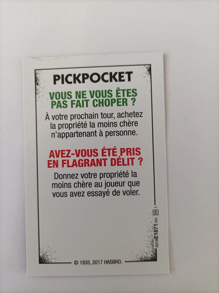 Carte pickpocket pièce détachée Monopoly édition tricheurs Hasbro gaming #A28