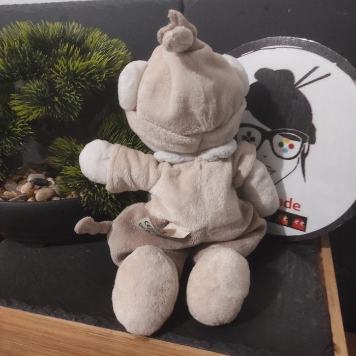 Doudou ours marron beige empreintes nicotoy vêtir blanc bonnet Avion Ancien vintage - photo numéro 2