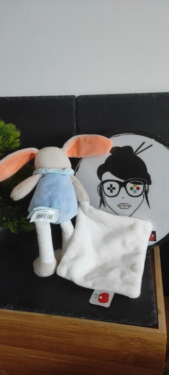 Pom lapin Doudou mouchoir bleu hérisson pomme baby nat bn0251 bleu blanc Orange - photo numéro 2