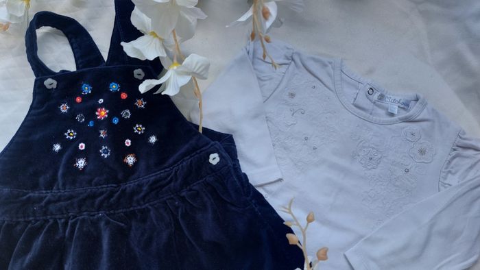 Robe velours marine et blouse blanche fille 12 mois