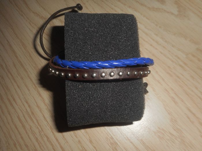 Bracelet en Cuir 2 Cordons Bleu et Marron
