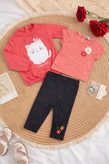 Ensemble bébé fille 6 mois – 3 pièces - haut chat, t-shirt fleurs, legging – parfait état