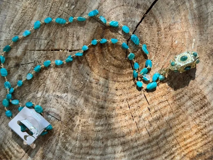 Collier sautoir  pierres amazonites grigri malachite acier - photo numéro 4
