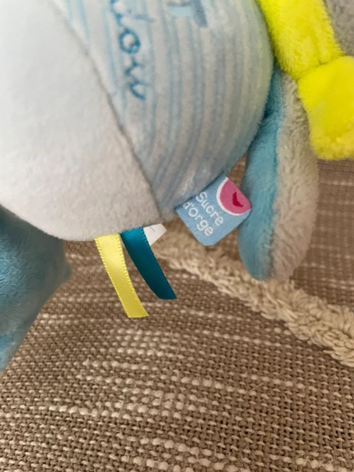 Peluche doudou musical 15cm sucre d’orge ours gris et bleu très bon état - photo numéro 4