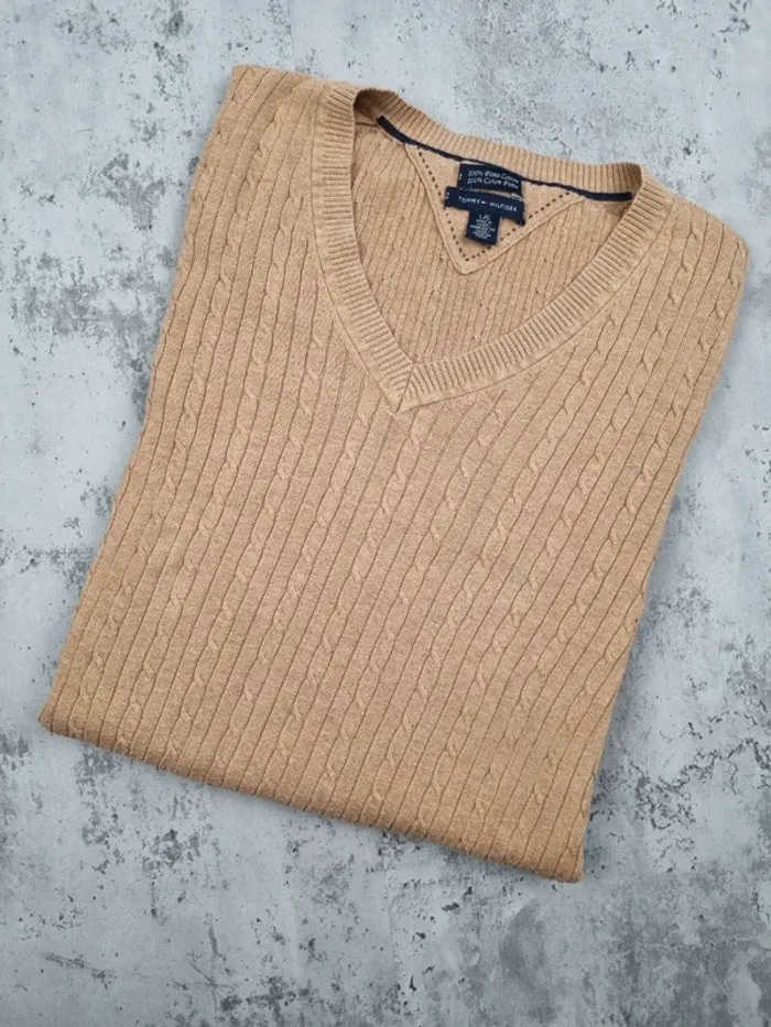 Pull col V torsadé beige Tommy Hilfiger – Taille L Femme (mesures en photos)