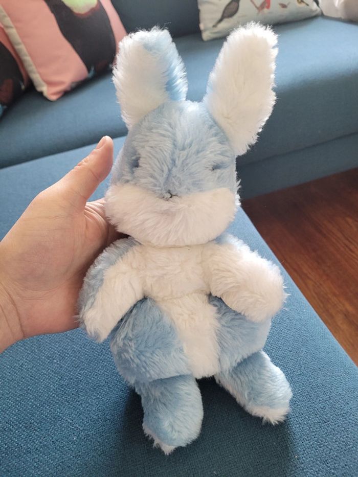 RARE Lapin hochet (fonctionne) Boulgom bras ouverts bleu blanc peluche doudou France collection 28cm - photo numéro 2