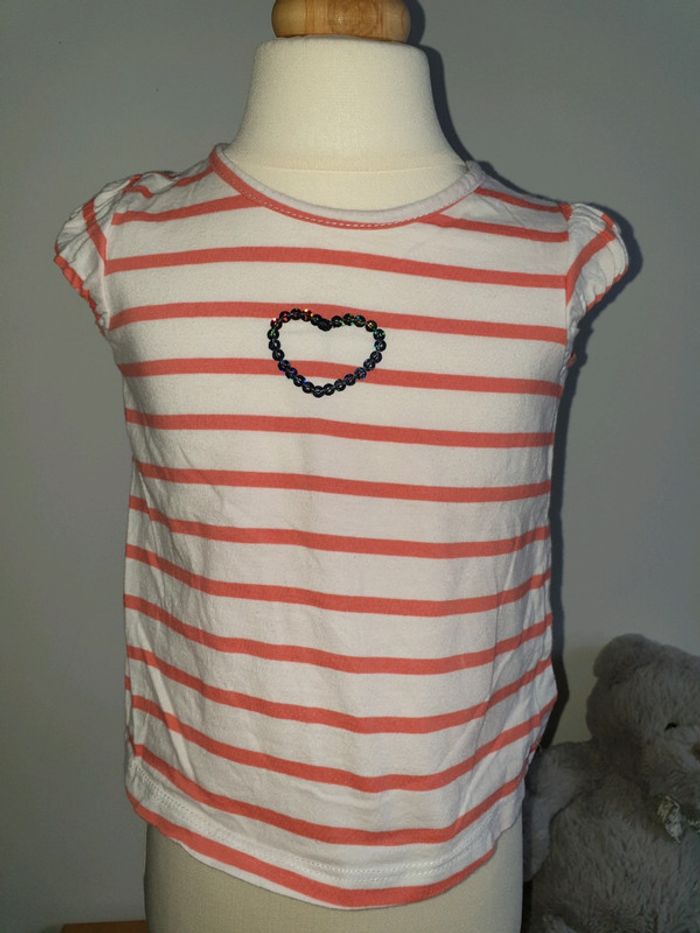 T-shirt marinière blanc et corail TAO 18 mois