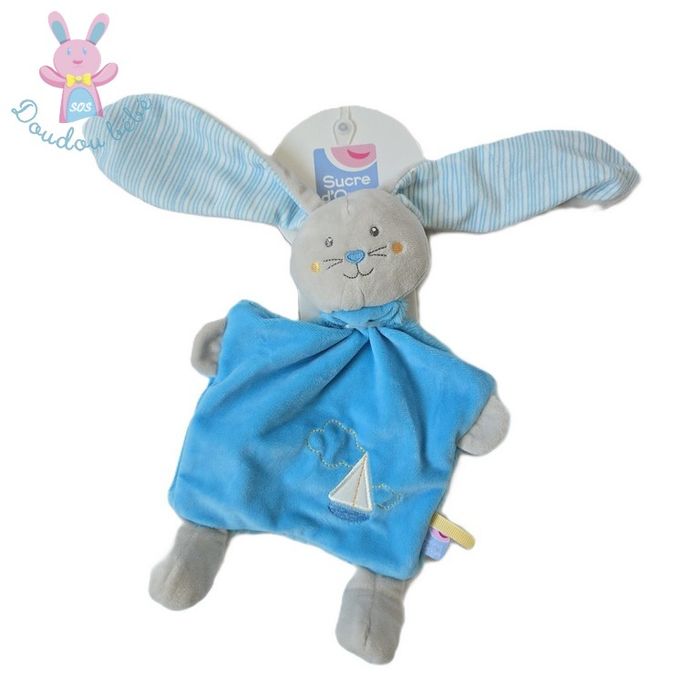 Doudou plat Lapin bleu gris rayé bateau SUCRE D'ORGE