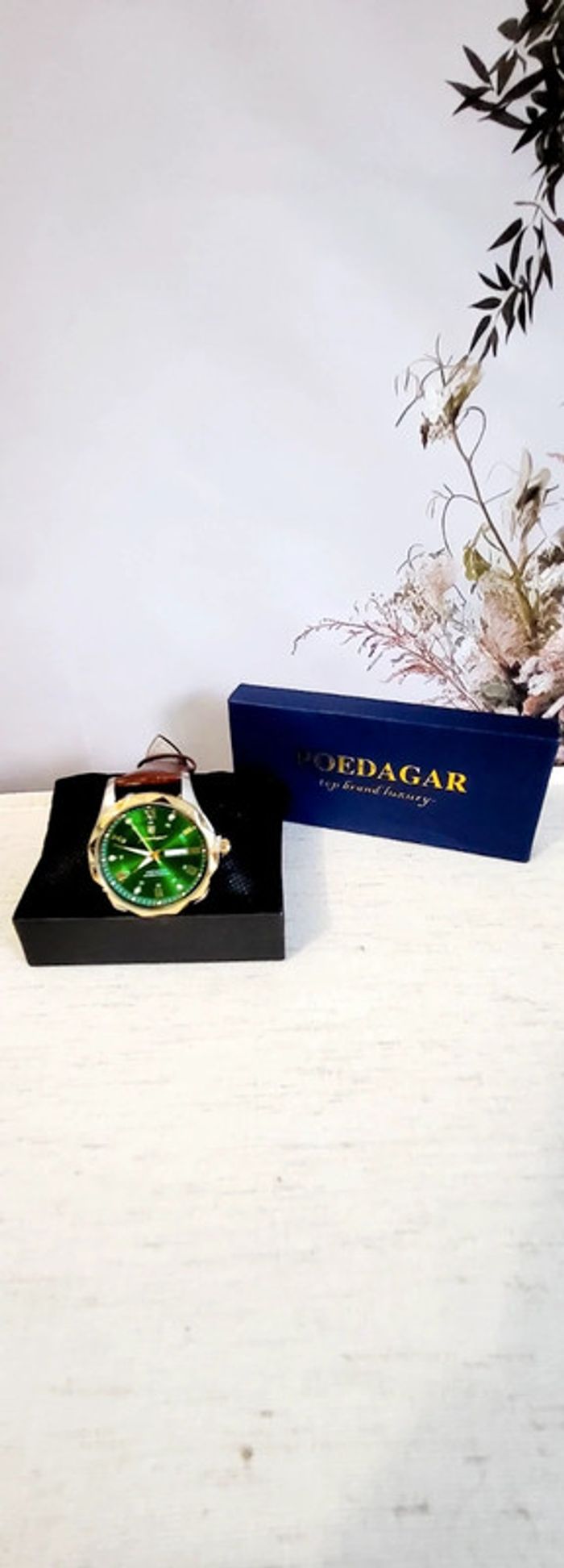 Montre homme Poedagar – cadran vert & bracelet cuir