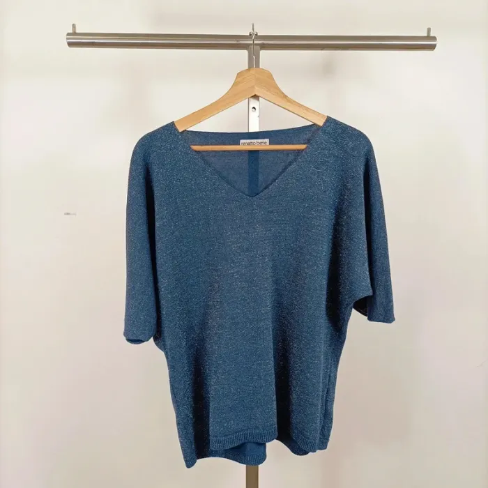 Top bleu irisé Renatto Bene col V manches chauve-souris made in Italy taille 38 A1029