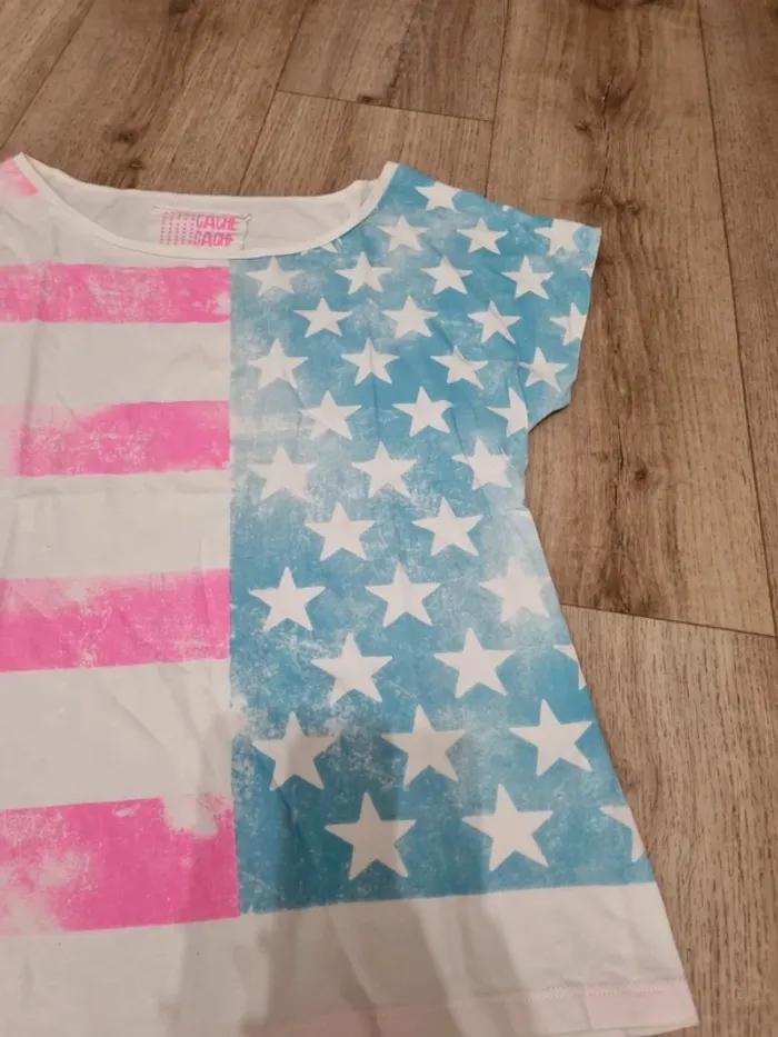 T shirt drapeau americain delavé bleu et rose cache cache - photo numéro 3