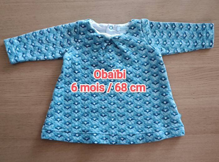 Blouse tunique épaisse Obaïbi bleu vert motif all over 6 mois 68cm fille